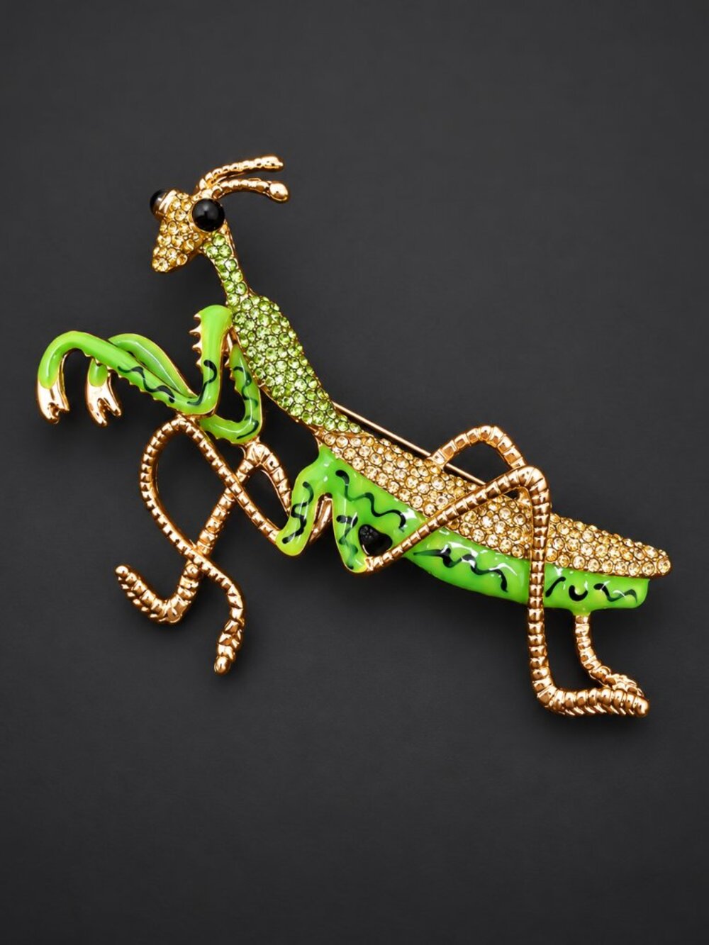 Large Green Enamel & Rhinestone Praying Mantis Brooch Gold Tone 3.5"
